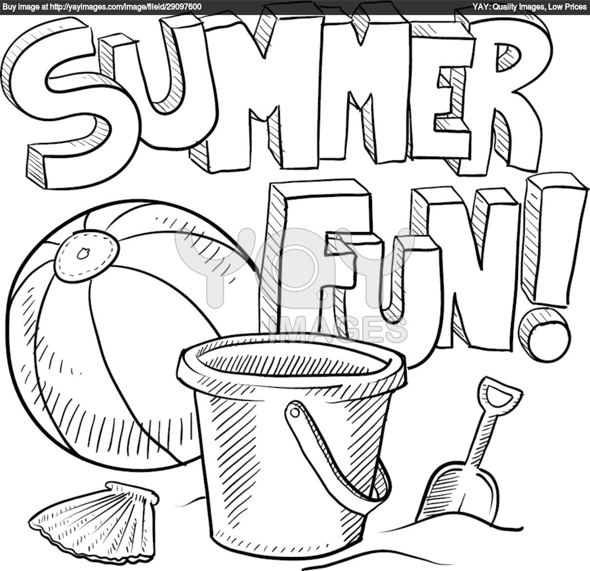 Summer coloring pages for kids Summer is fun bucket beach ball and showel